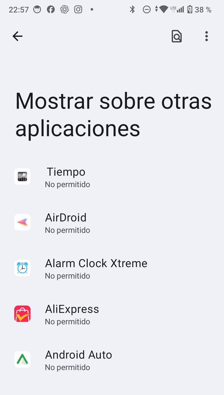 Lista de aplicaciones con permiso para mostrarse sobre otras en Android