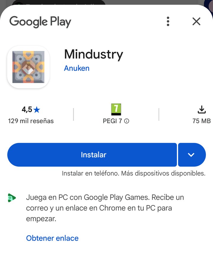 Tamaño de la descarga de un juego en la ficha de Google Play